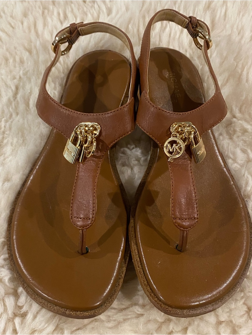 Michael Kors Cognac Leather T-Strap Sandals with Gold MK Charms - Picture 4 of 9